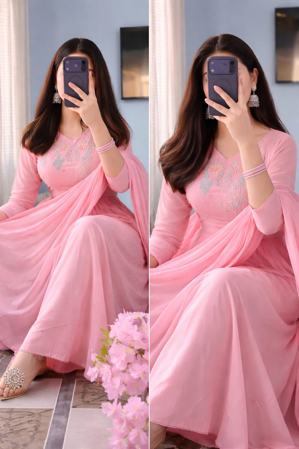 Women’s Elegant Pink Embroidered Anarkali Suit Set with Dupatta