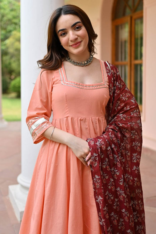 Peach Anarkali Suit with Maroon Floral Printed Dupatta