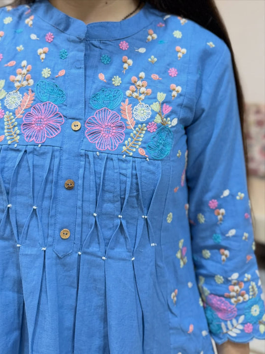 Sky Blue Floral Embroidered A-Line Kurta Set with Pintuck Details
