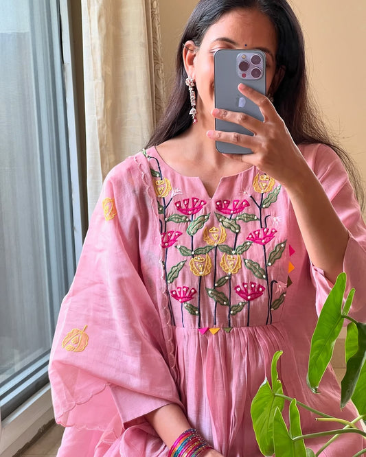 Blush Pink Floral Embroidered Gathered Kurta Set with Dupatta