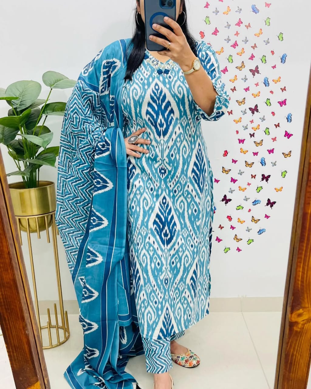 Teal Blue and White Ikat Print Straight Kurta Set with Dupatta
