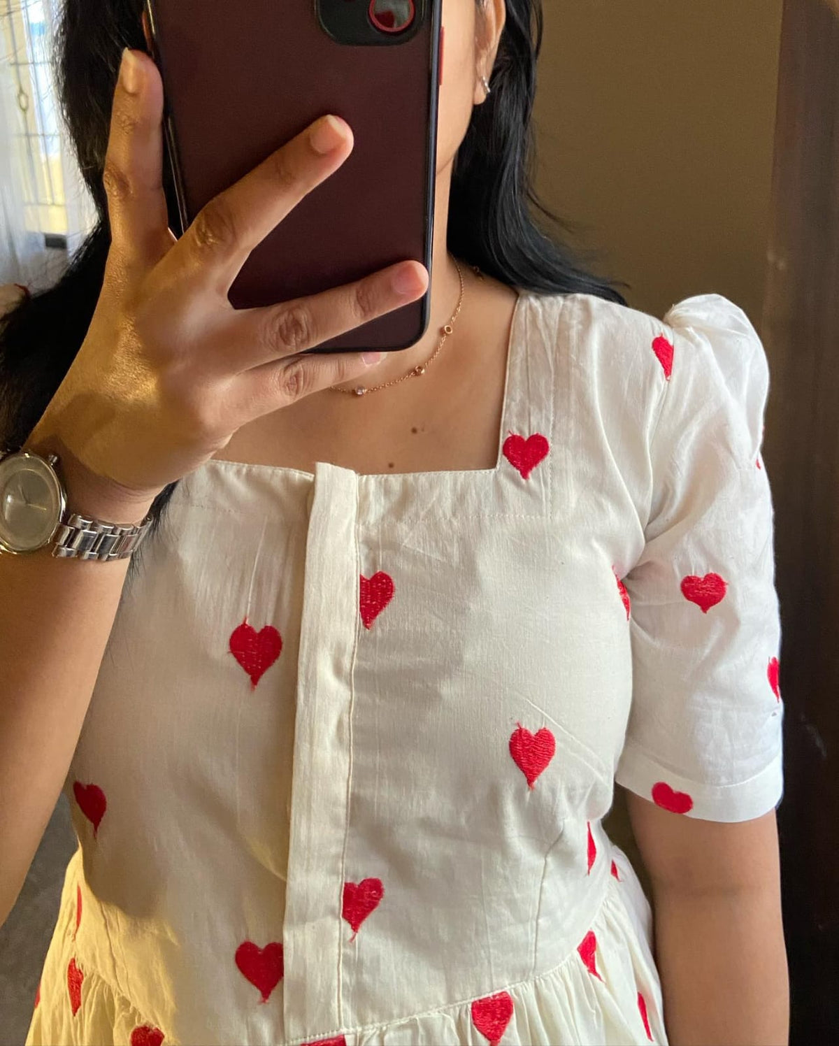 White Cotton Midi Dress with Red Embroidered Hearts and Puff Sleeves