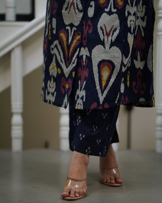 Navy Blue Ikat Print Straight Kurta Set with Mandarin Collar