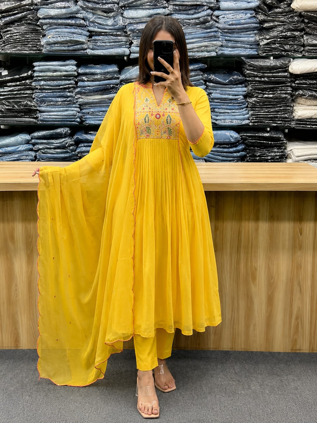 Women's Bright Yellow Pleated Anarkali Kurta Set with Embroidered Yoke and Dupatta