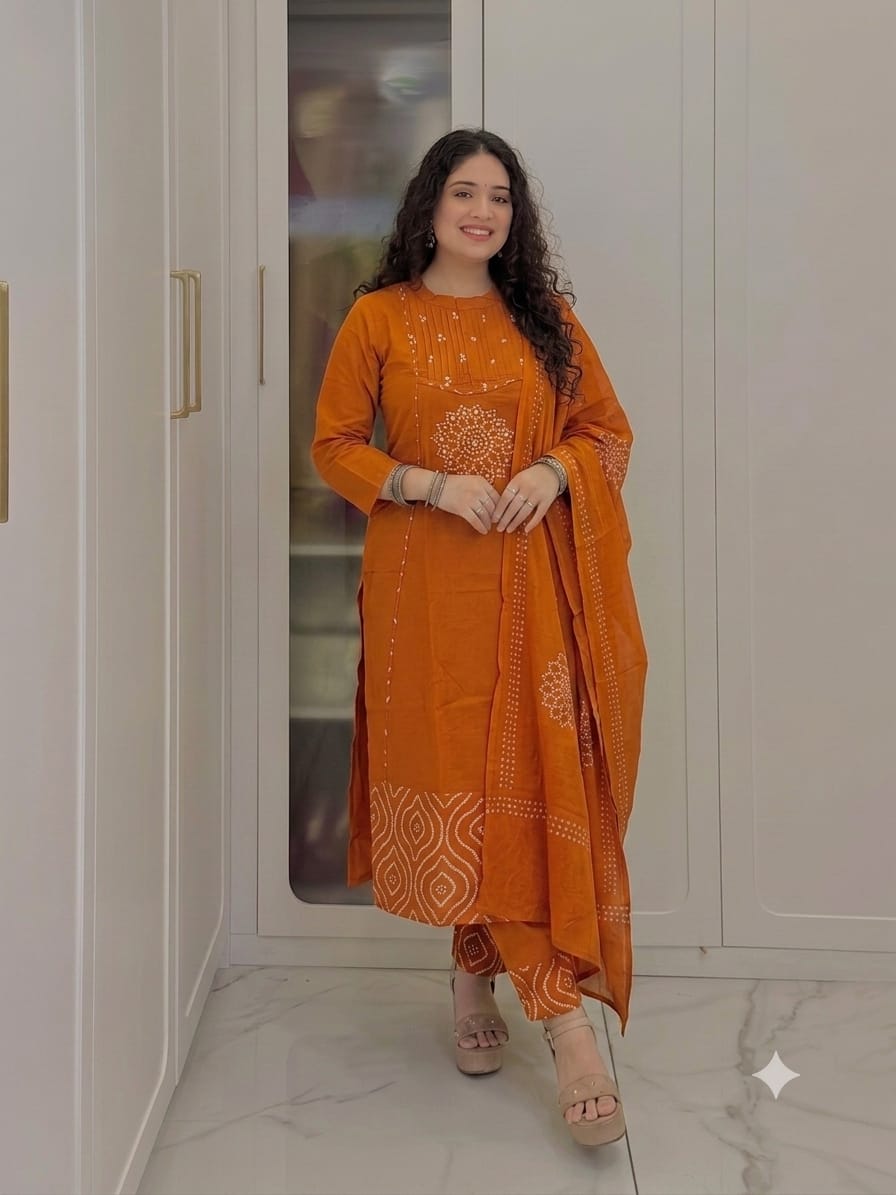 Women's Rust Orange Bandhani-Inspired Straight Kurta Set with Dupatta