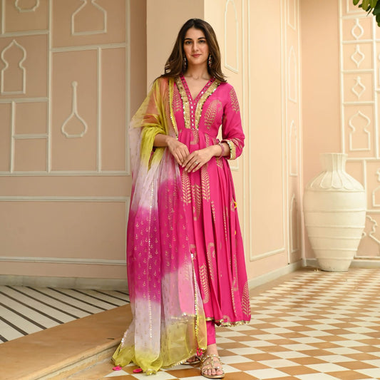 Women's Fuchsia Pink Gold Foil Print Anarkali Set with Ombré Dupatta