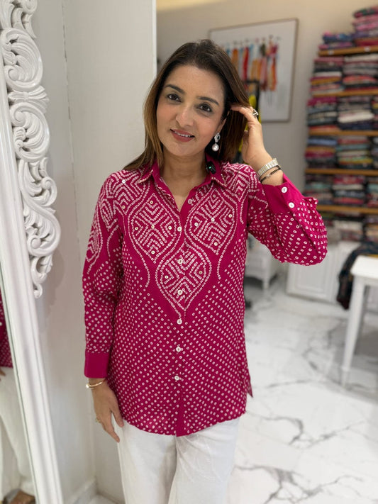 Women's Bandhani-Inspired Print Button-Down Tunic Shirt (Available in Multiple Colors)