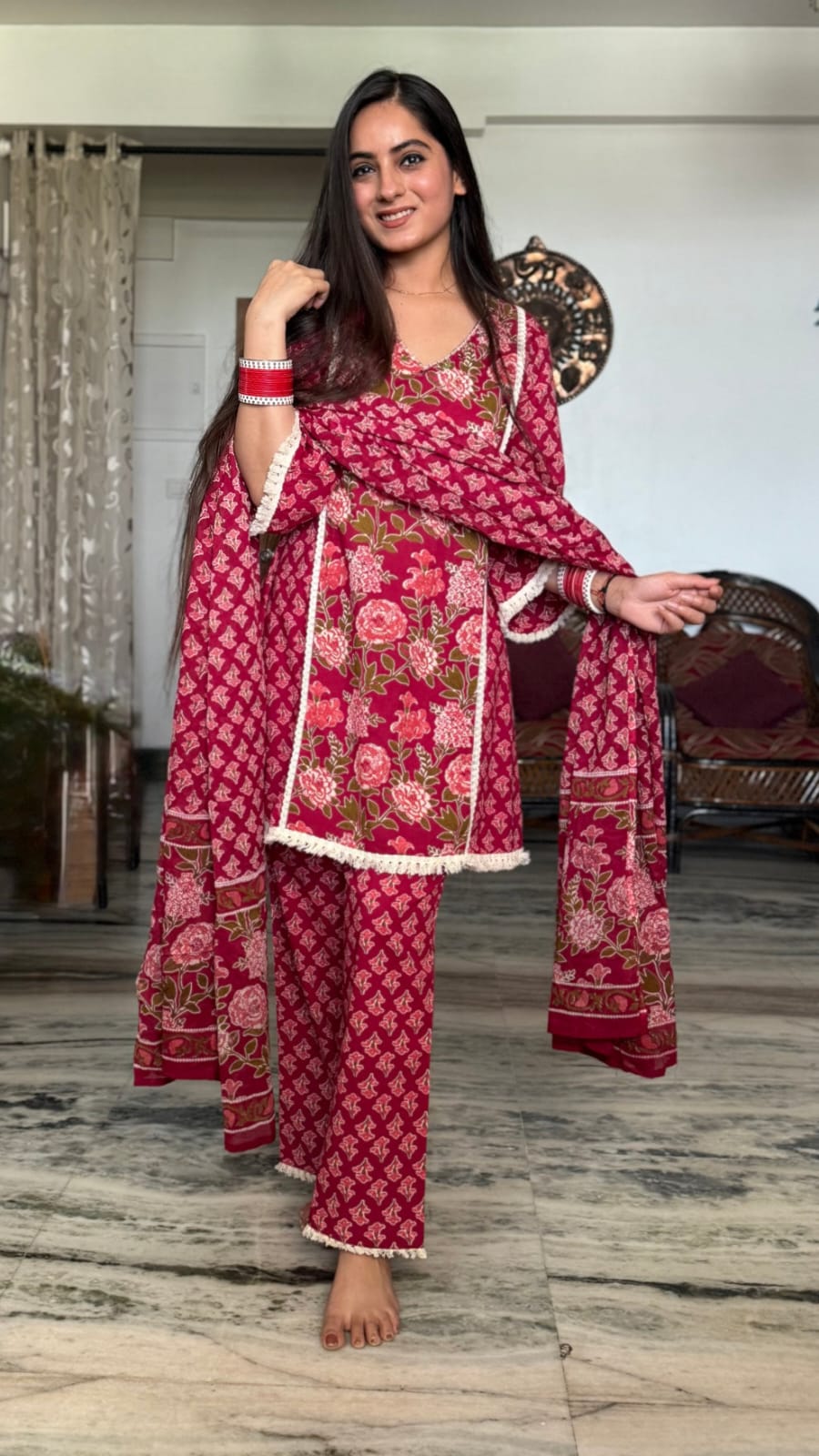 Women's Raspberry Pink Floral Print Short Kurta Set with Lace Trim