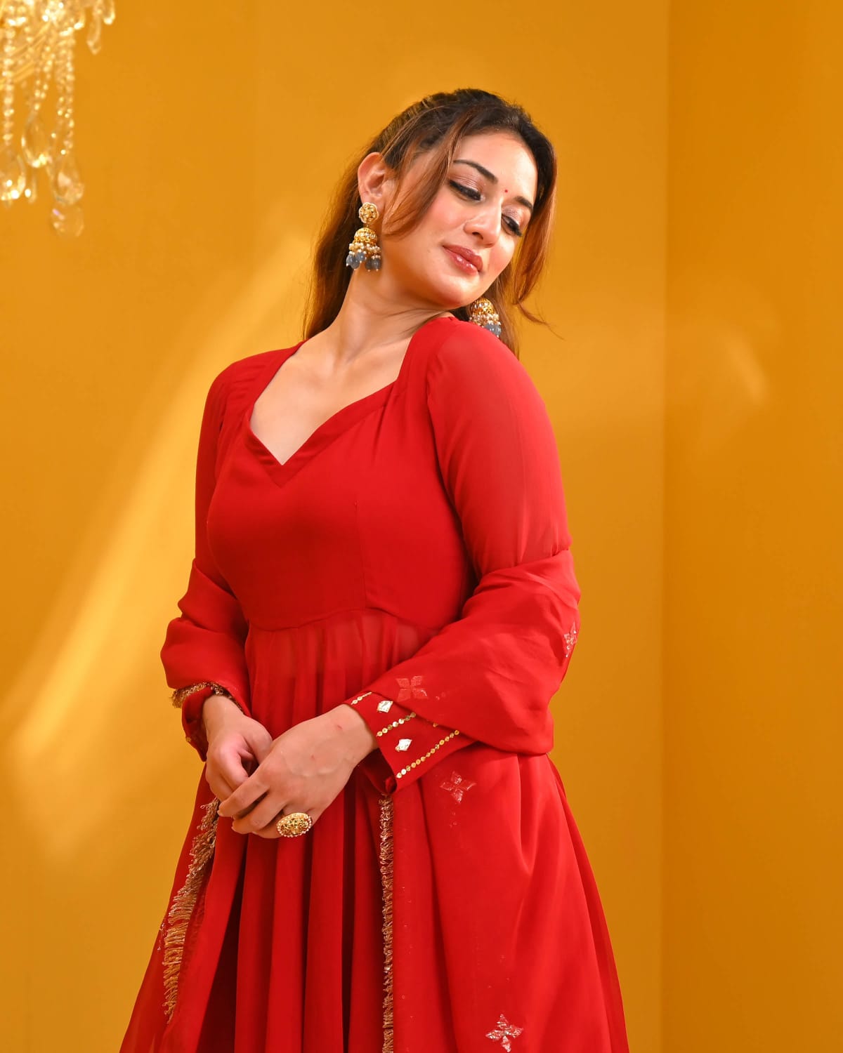 Women's Crimson Red Flared Anarkali Suit with Dupatta
