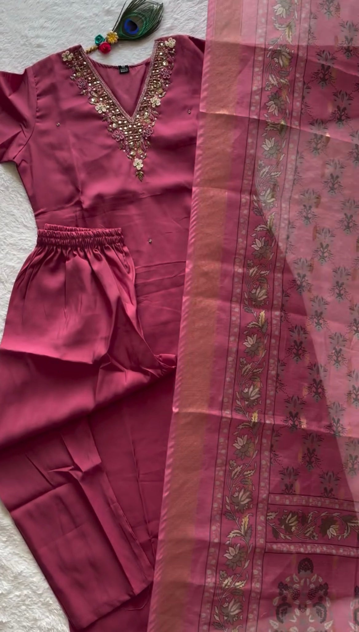 Magenta Silk Blend Handwork Neckline Suit Set with Organza Printed Dupatta