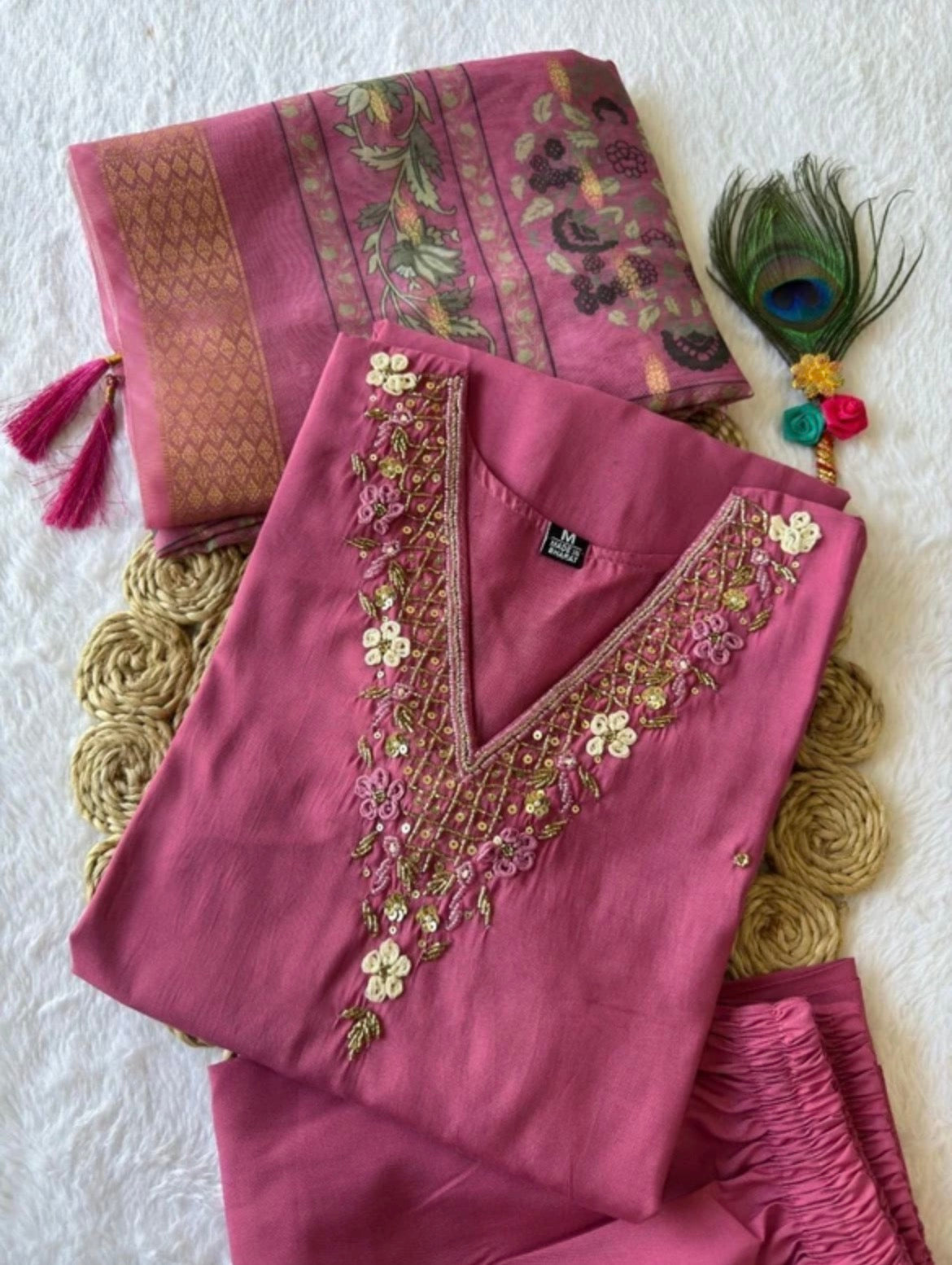 Magenta Silk Blend Handwork Neckline Suit Set with Organza Printed Dupatta