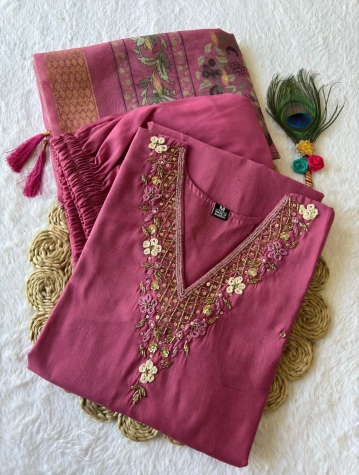Magenta Silk Blend Handwork Neckline Suit Set with Organza Printed Dupatta