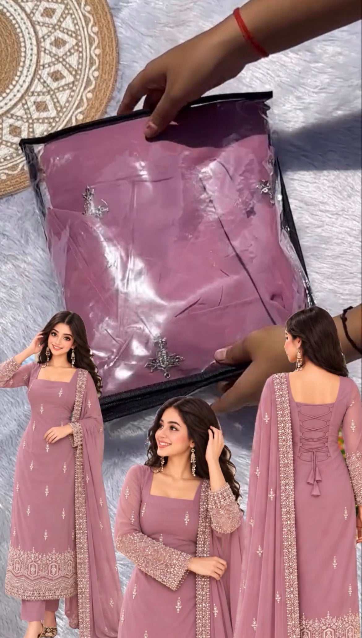 Lavender Square Neck Embroidered Suit Set with Lace-Up Back