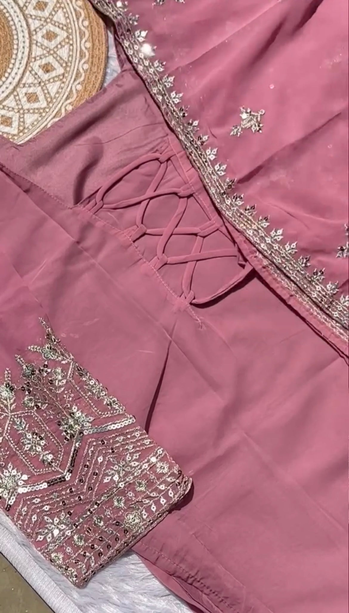 Lavender Square Neck Embroidered Suit Set with Lace-Up Back