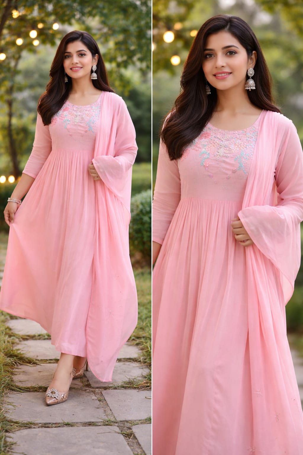 Women’s Elegant Pink Embroidered Anarkali Suit Set with Dupatta