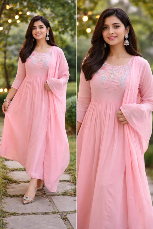 Women’s Elegant Pink Embroidered Anarkali Suit Set with Dupatta