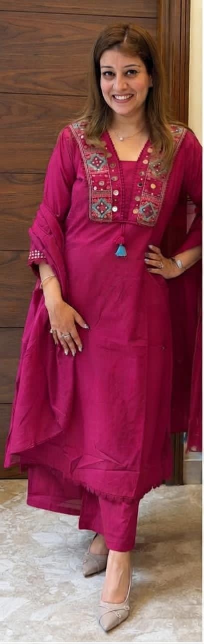 V-Neck Mirror Work Embroidered Kurta Set with Dupatta