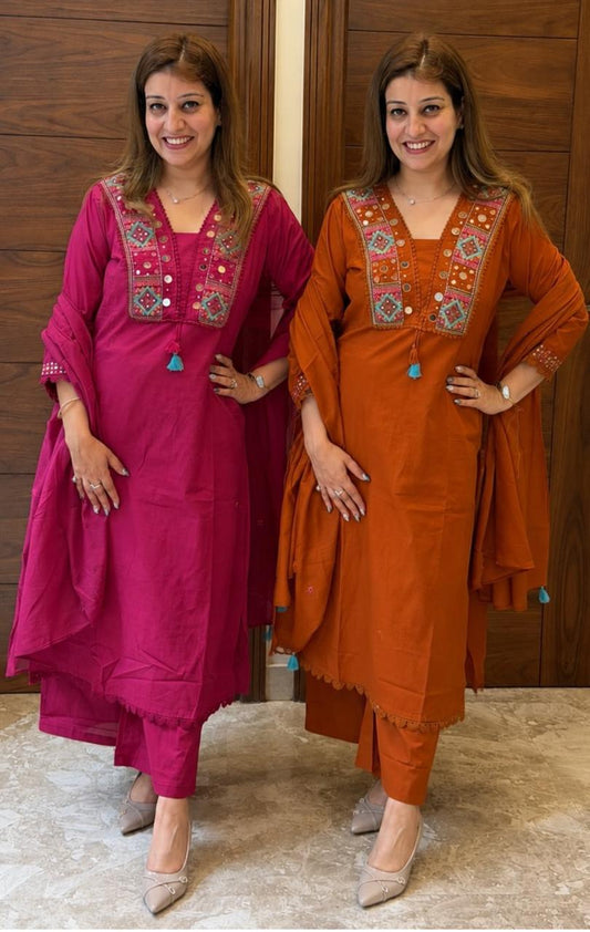 V-Neck Mirror Work Embroidered Kurta Set with Dupatta