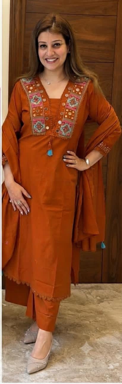 V-Neck Mirror Work Embroidered Kurta Set with Dupatta