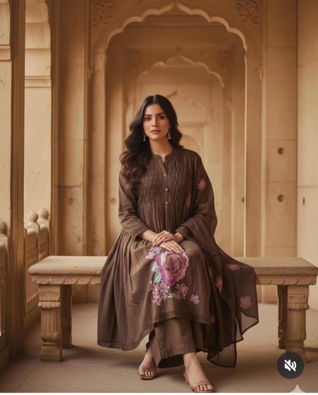 Elegant Brown Embroidered Cotton Suit Set with Dupatta