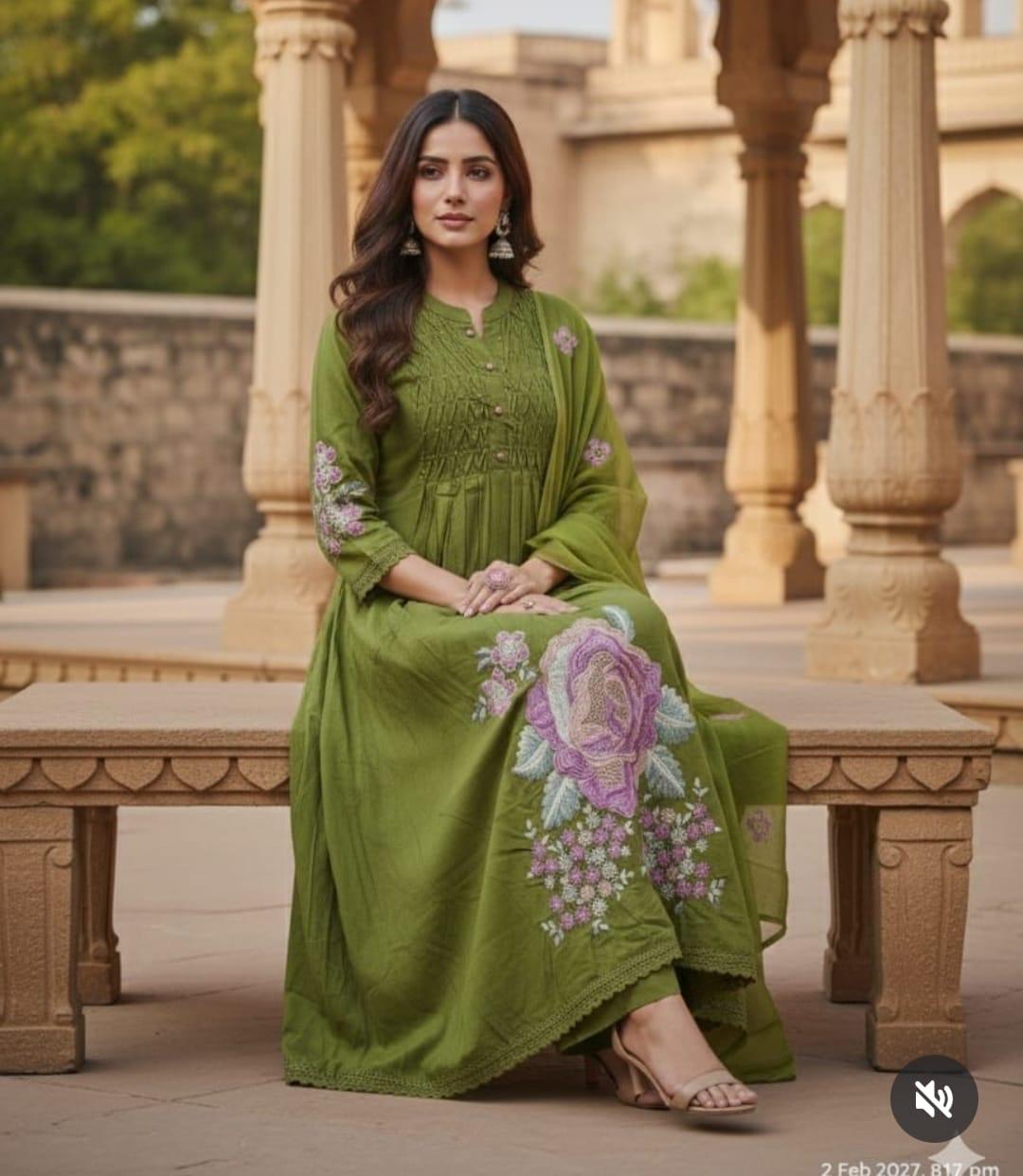 Elegant Brown Embroidered Cotton Suit Set with Dupatta