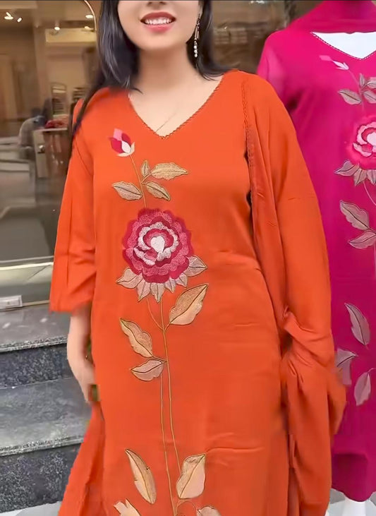 Elegant Orange Floral Embroidered Kurta Set with Matching Dupatta