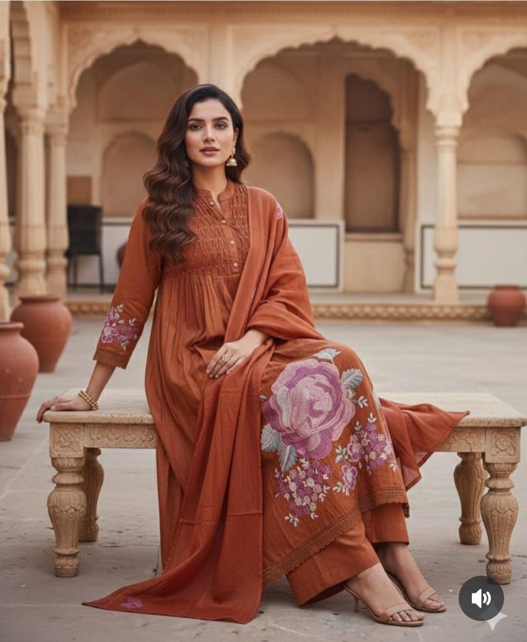 Elegant Brown Embroidered Cotton Suit Set with Dupatta
