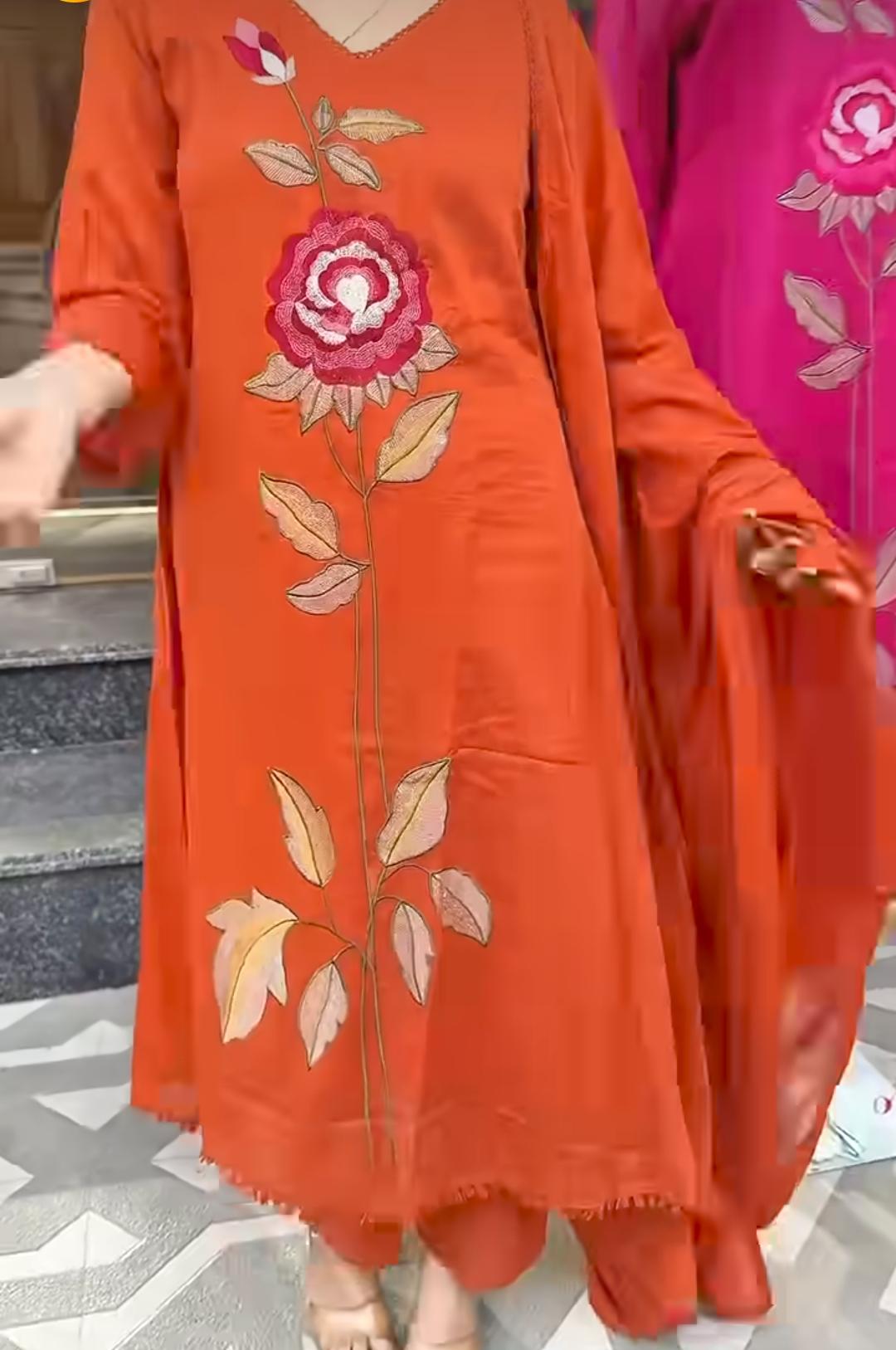 Elegant Orange Floral Embroidered Kurta Set with Matching Dupatta