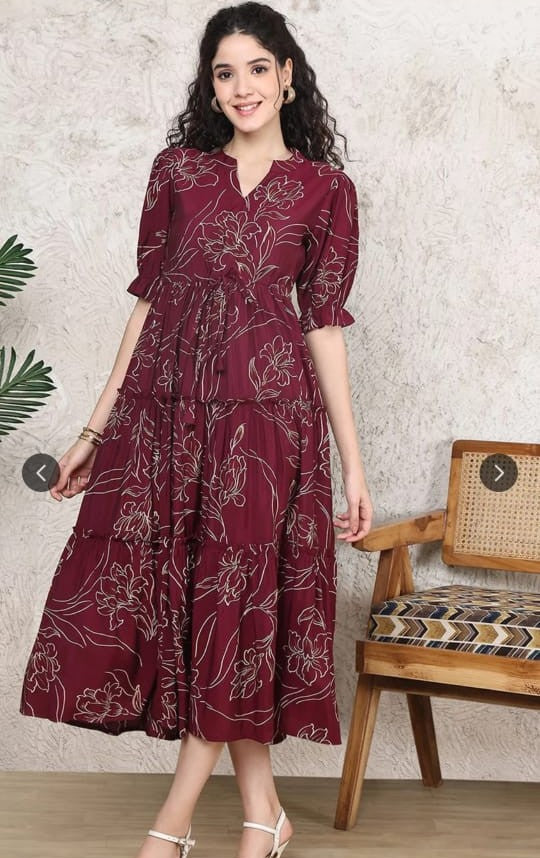 Women's Wine Maroon Floral Print Tiered Midi Dress with Ruffle Sleeves