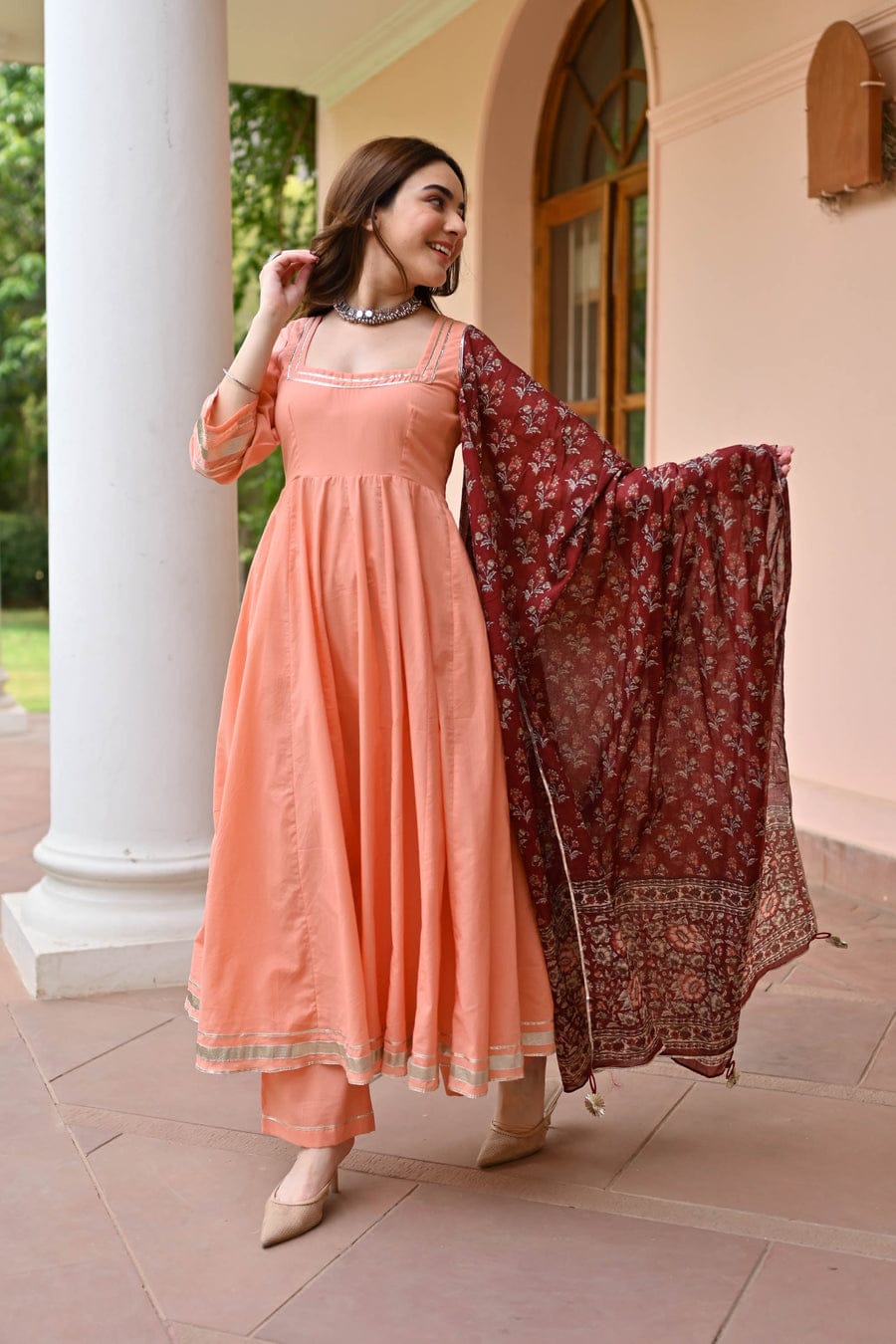 Peach Anarkali Suit with Maroon Floral Printed Dupatta