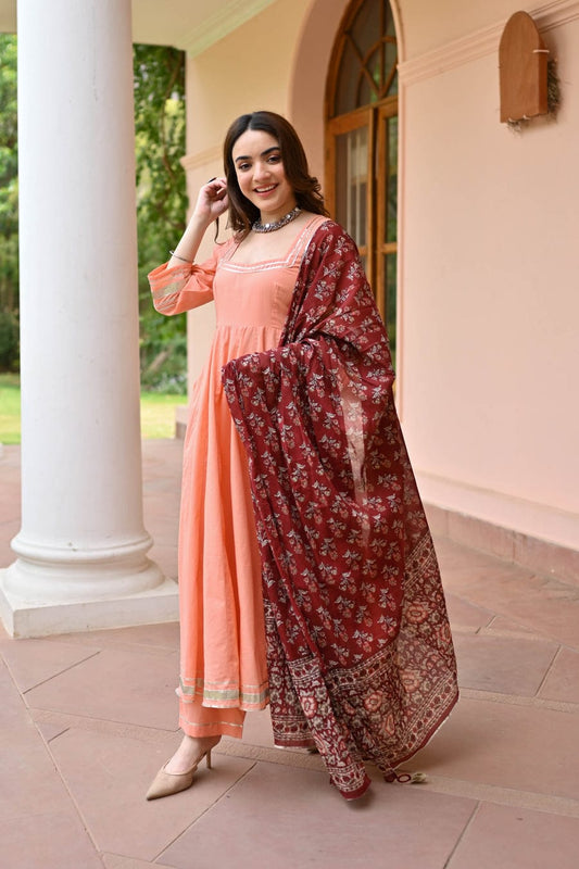 Peach Anarkali Suit with Maroon Floral Printed Dupatta