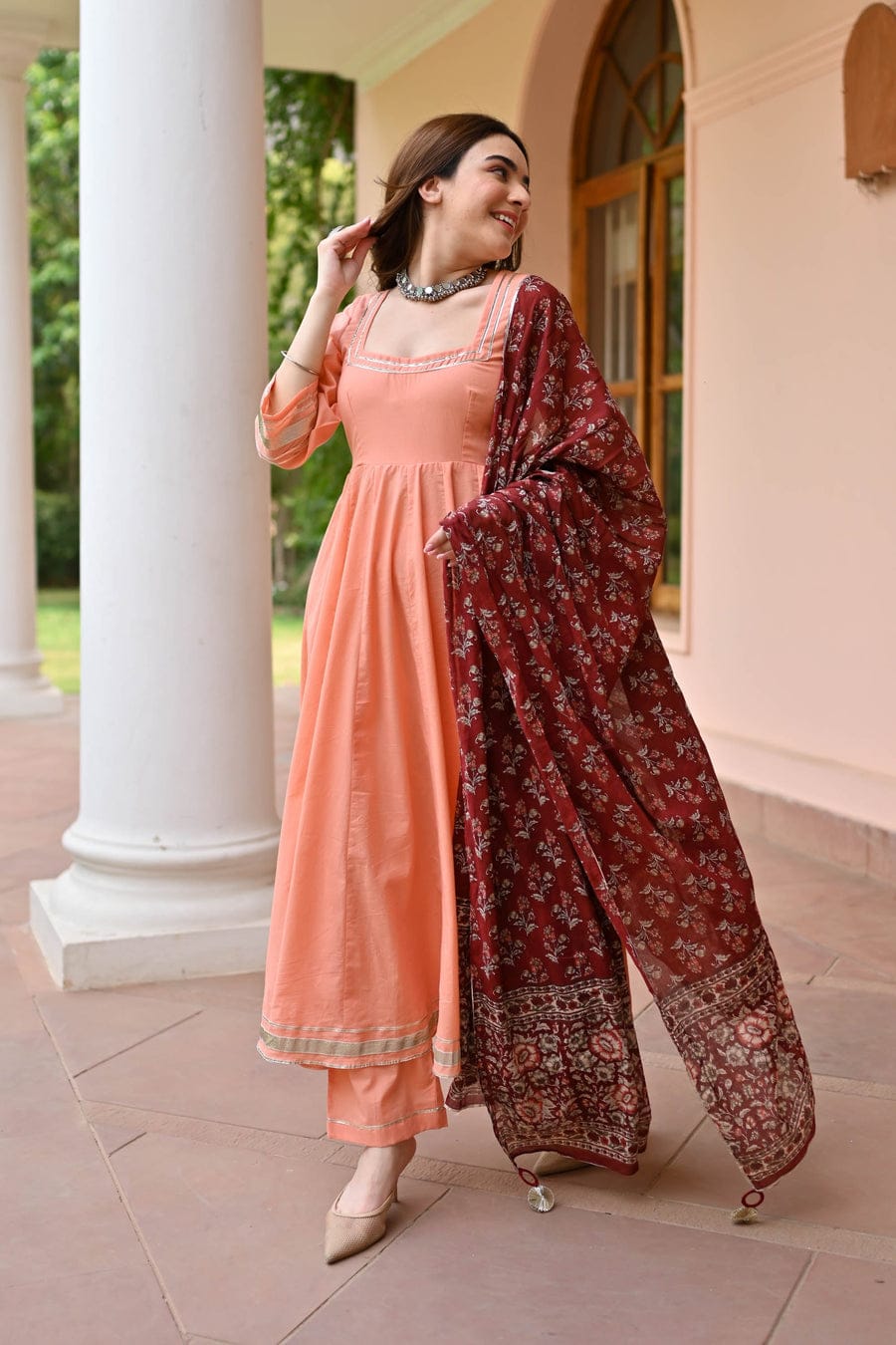 Peach Anarkali Suit with Maroon Floral Printed Dupatta