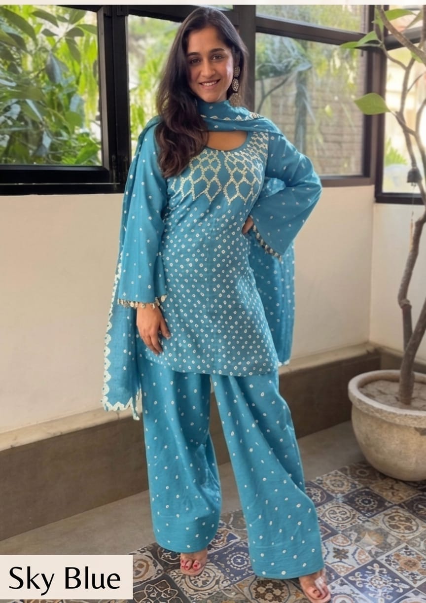 Women’s Traditional Bandhani Print 3-Piece Kurti Set with Wide-Leg Palazzo & Dupatta