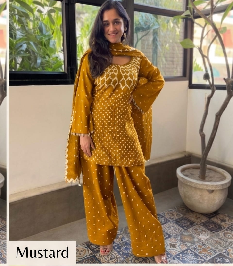 Women’s Traditional Bandhani Print 3-Piece Kurti Set with Wide-Leg Palazzo & Dupatta
