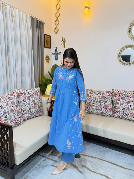 Sky Blue Floral Embroidered A-Line Kurta Set with Pintuck Details