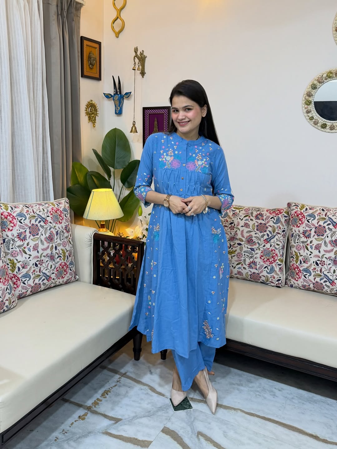 Sky Blue Floral Embroidered A-Line Kurta Set with Pintuck Details