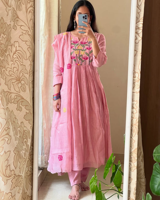 Blush Pink Floral Embroidered Gathered Kurta Set with Dupatta