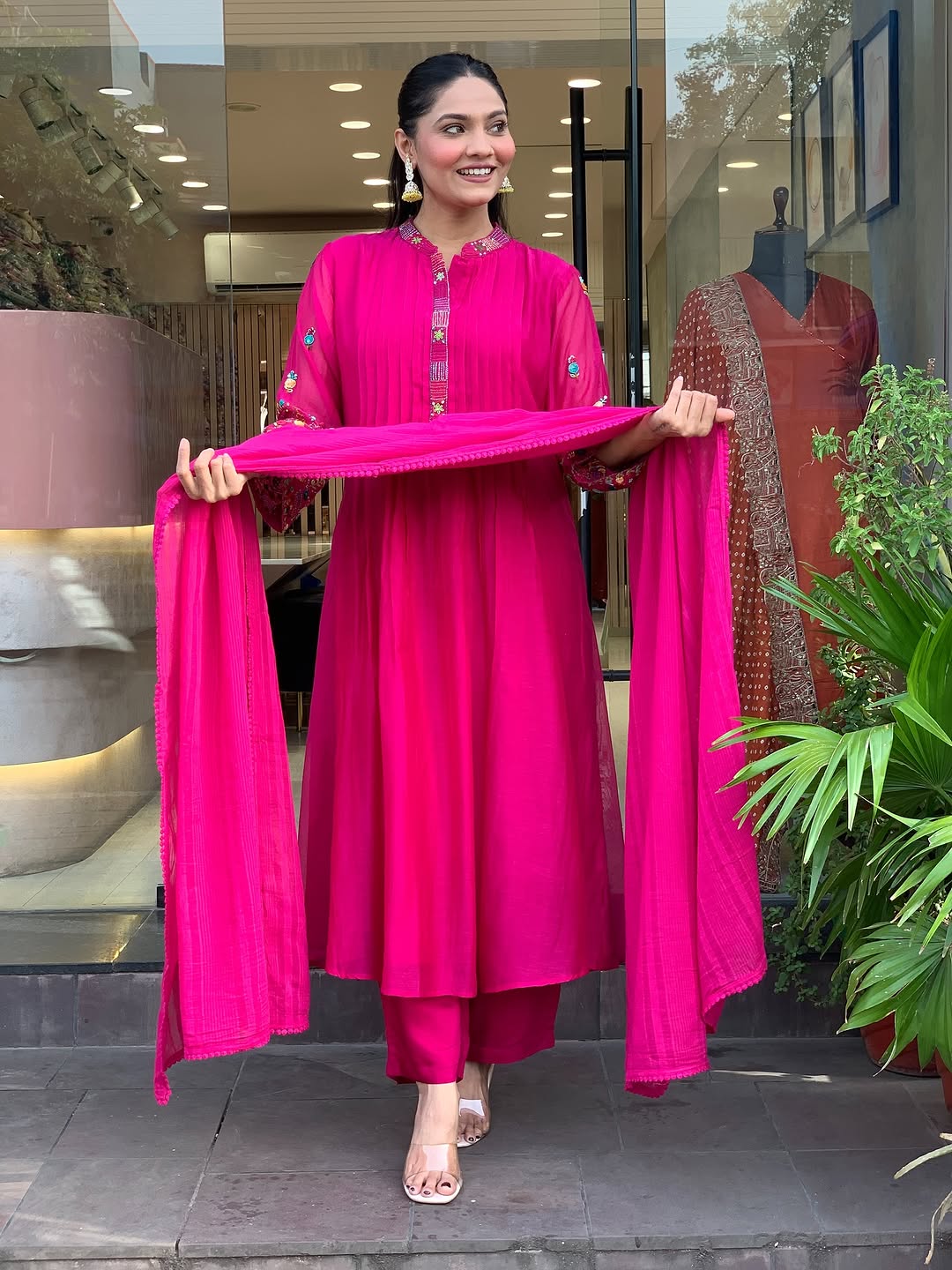 Vibrant Rani Pink Pintuck Flared Kurta Set with Embroidered Sleeves