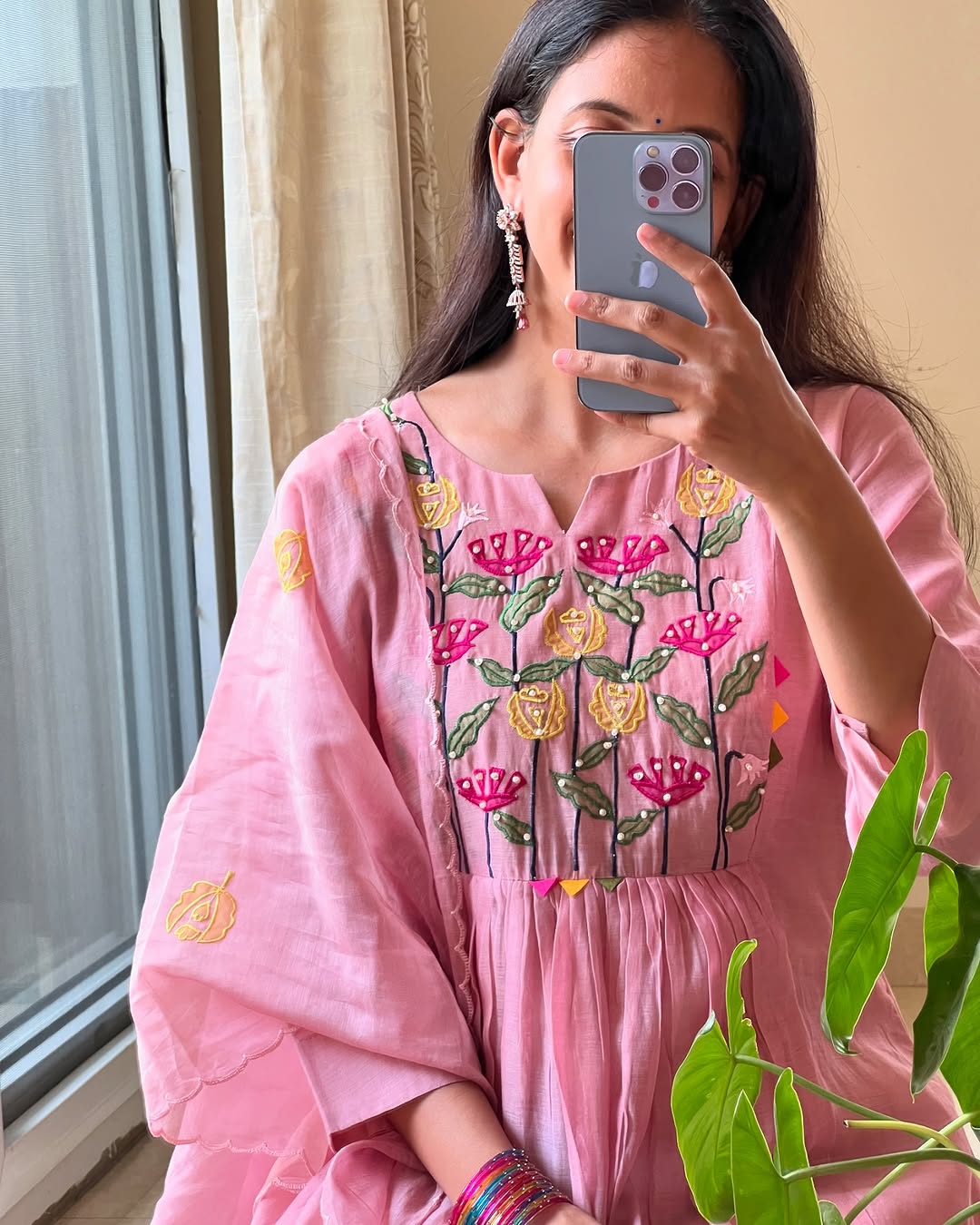 Blush Pink Floral Embroidered Gathered Kurta Set with Dupatta