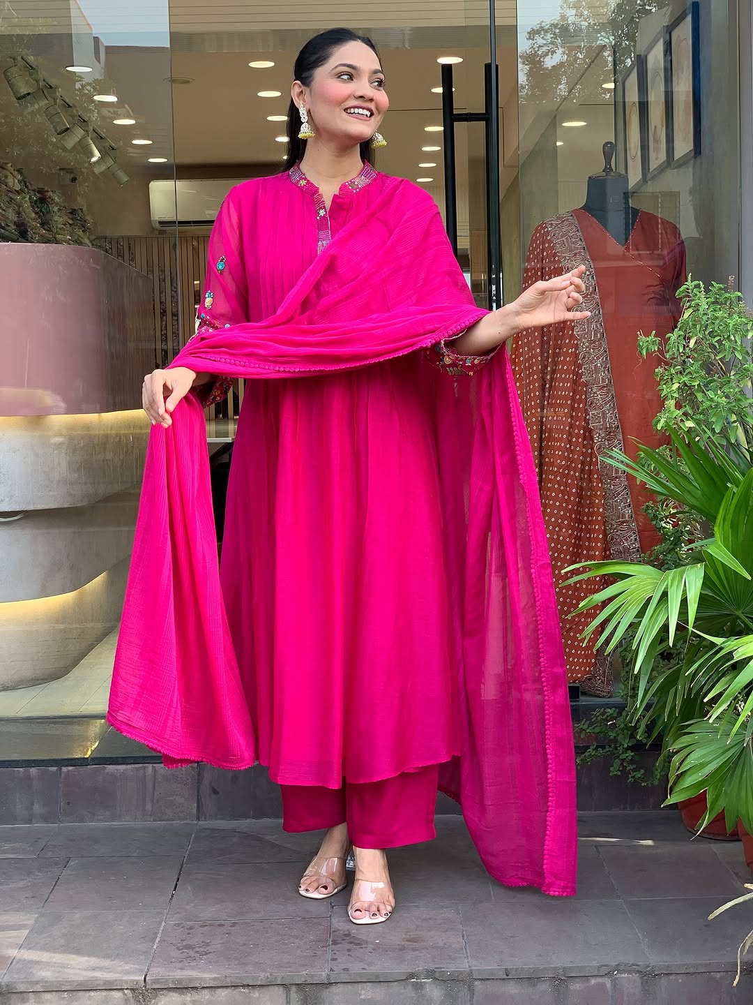 Vibrant Rani Pink Pintuck Flared Kurta Set with Embroidered Sleeves