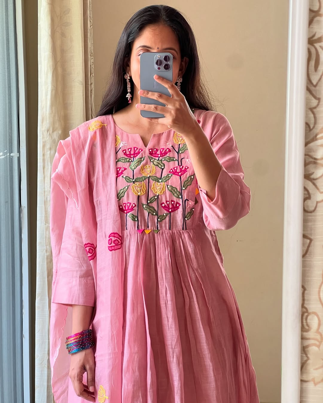 Blush Pink Floral Embroidered Gathered Kurta Set with Dupatta