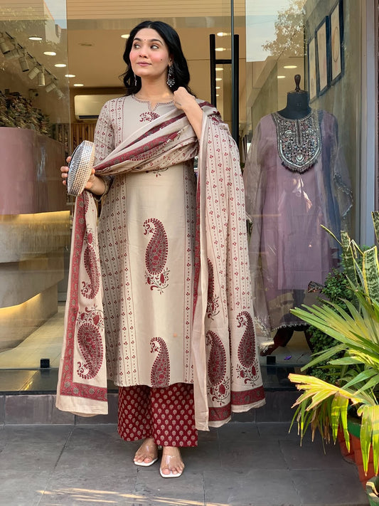 Women's Beige and Maroon Paisley Block Print Kurta Set with Dupatta
