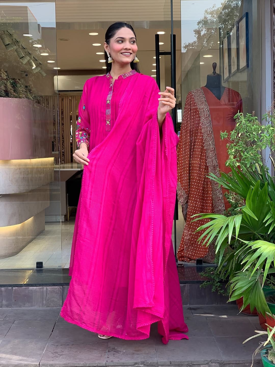 Vibrant Rani Pink Pintuck Flared Kurta Set with Embroidered Sleeves