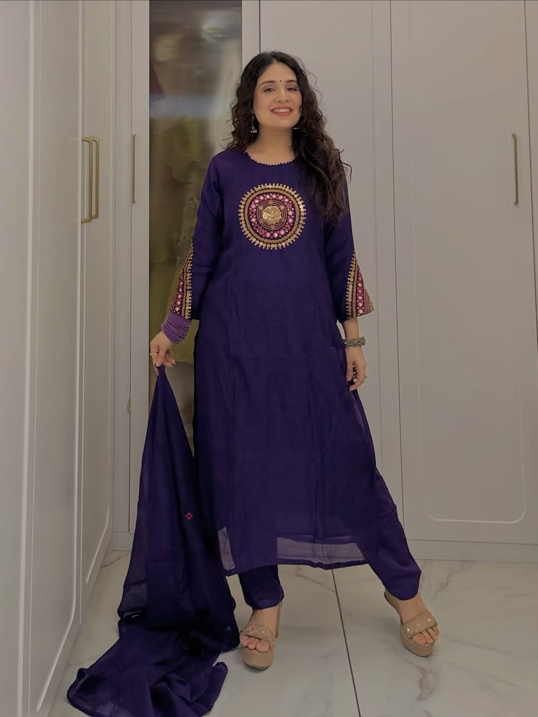 Blush Pink Floral Embroidered Gathered Kurta Set with Dupatta