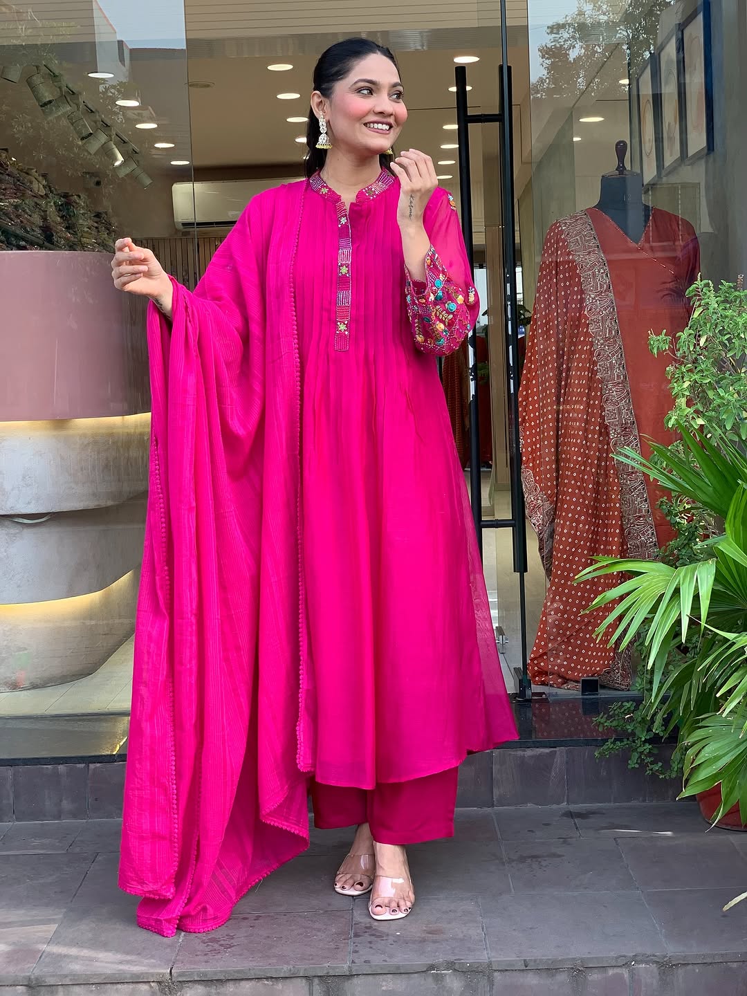 Vibrant Rani Pink Pintuck Flared Kurta Set with Embroidered Sleeves