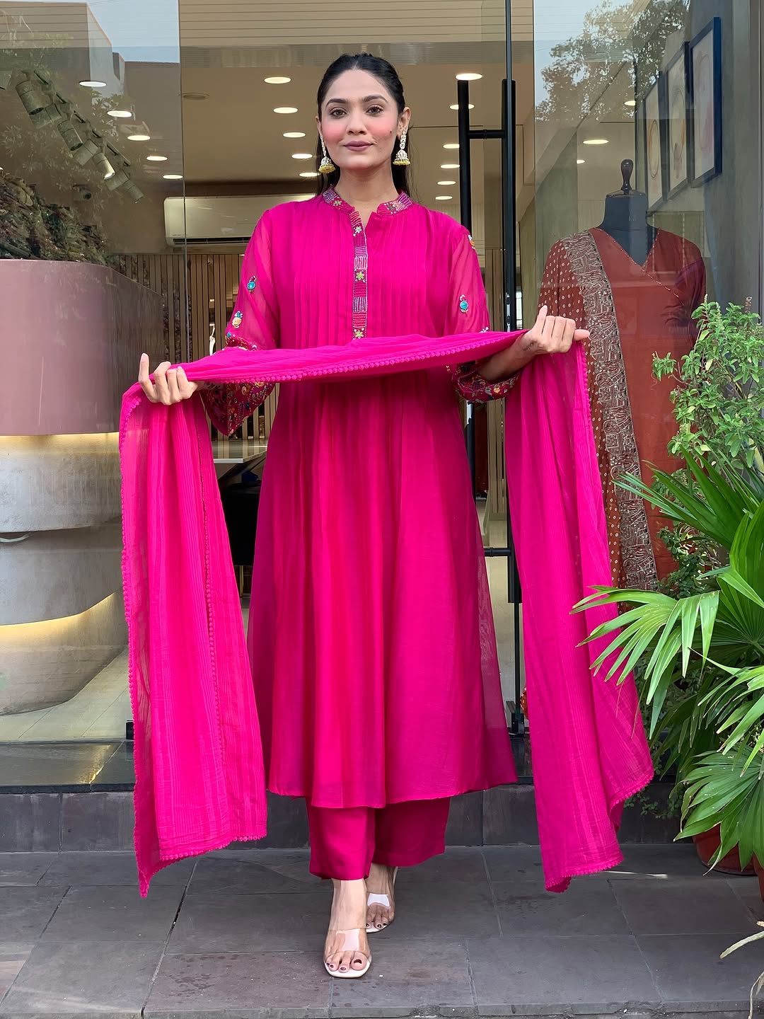 Vibrant Rani Pink Pintuck Flared Kurta Set with Embroidered Sleeves