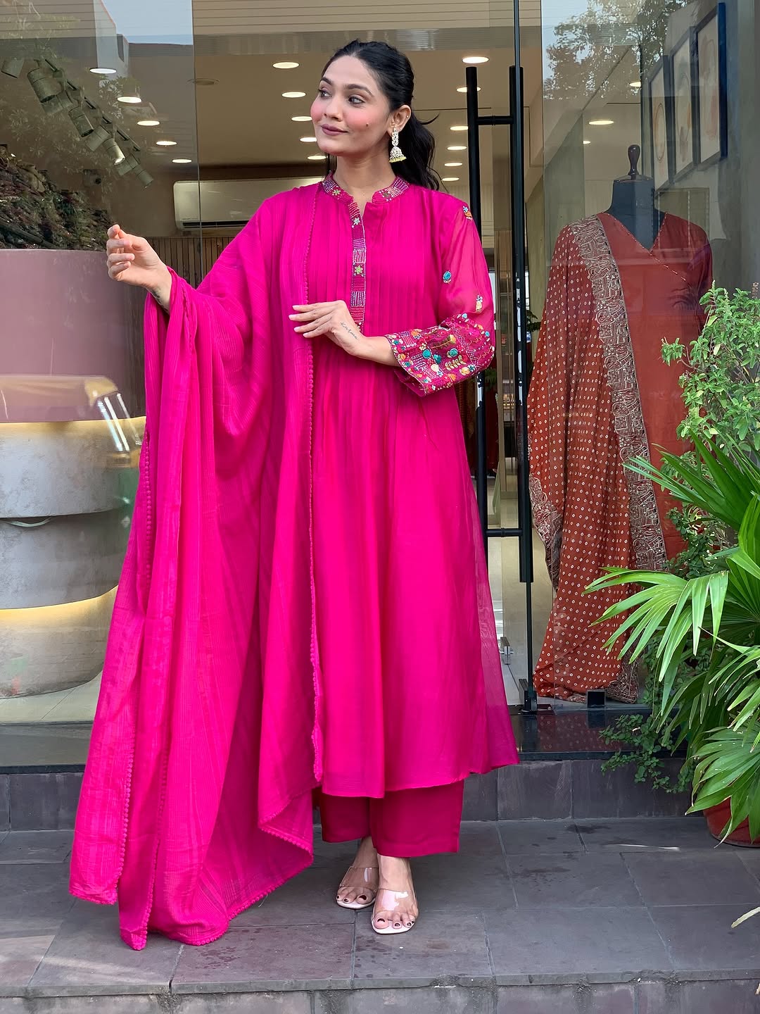 Vibrant Rani Pink Pintuck Flared Kurta Set with Embroidered Sleeves