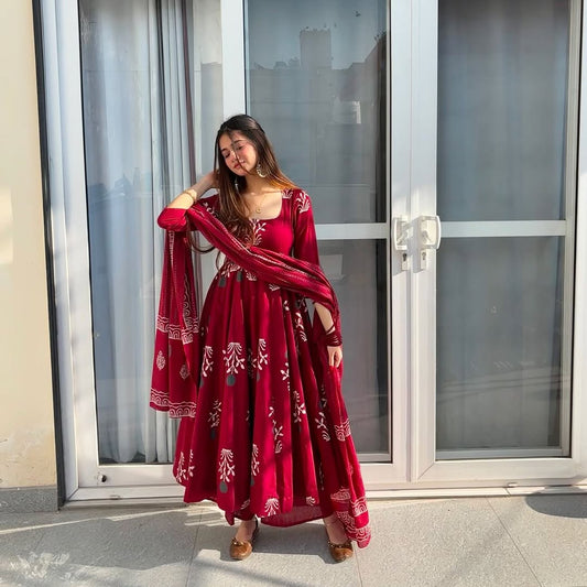 Maroon Block Print Flared Anarkali Kurta Set with Dupatta