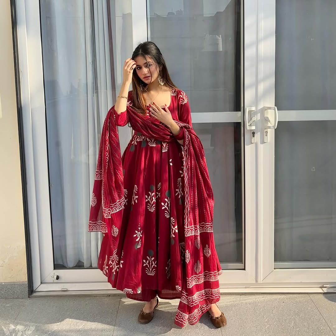 Maroon Block Print Flared Anarkali Kurta Set with Dupatta