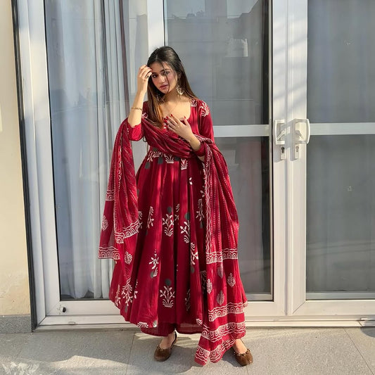 Maroon Block Print Flared Anarkali Kurta Set with Dupatta